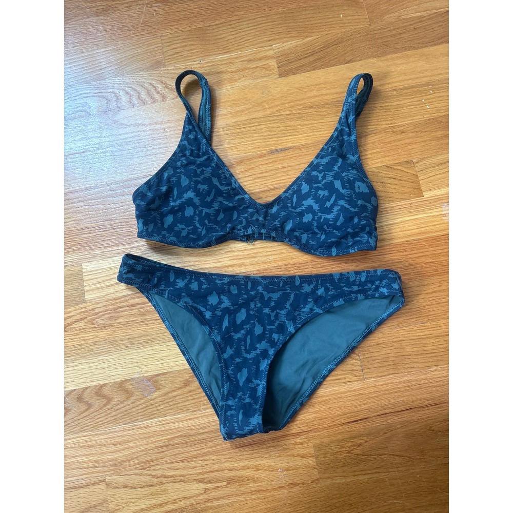 Vuori Bikini Set Teal Navy Abstract Animal Print Triangle Top Cheeky Bottoms